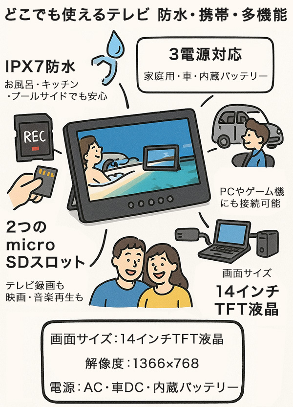 防水 テレビ ポータブル 地デジ DVD対応 IPX7 お風呂テレビ microSD