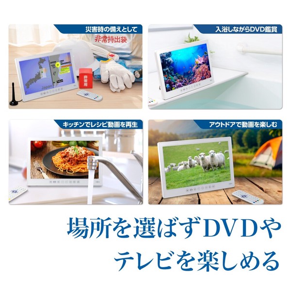 14インチ DVDプレーヤー ポータブル フルセグ 防水 IPX6 3電源対応