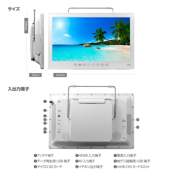 14インチ DVDプレーヤー ポータブル フルセグ 防水 IPX6 3電源対応