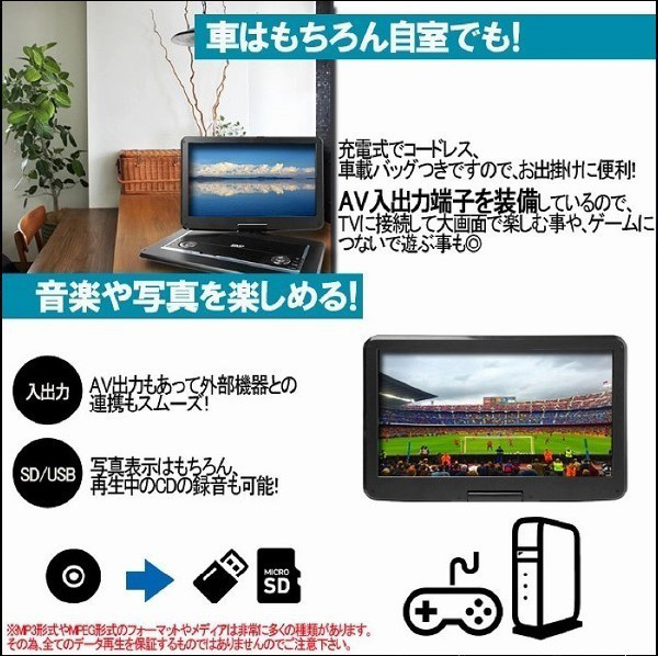 DVDプレーヤー ポータブル 大画面15.6インチ 3電源対応 首振りモニター