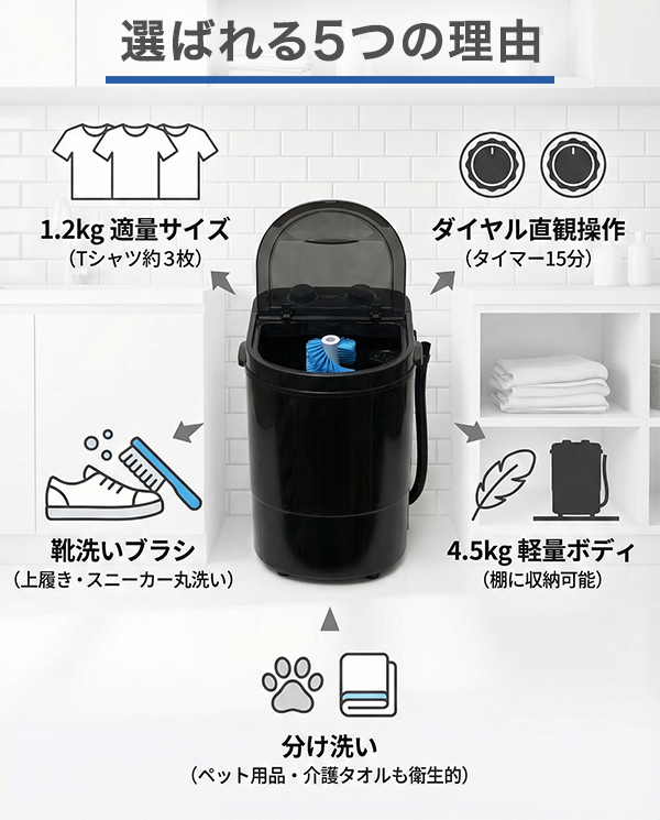 靴洗い 小型洗濯機 1.2kg ブラシ付き 一人暮らし 分け洗い 簡易脱水