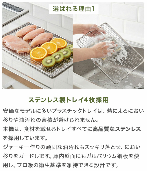 フードドライヤー 食品乾燥機 衛生設計 ステンレス製トレイ4枚 背面