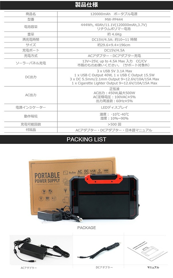 ポータブル電源 おすすめ 大容量 120000mAh 444Wh バッテリー