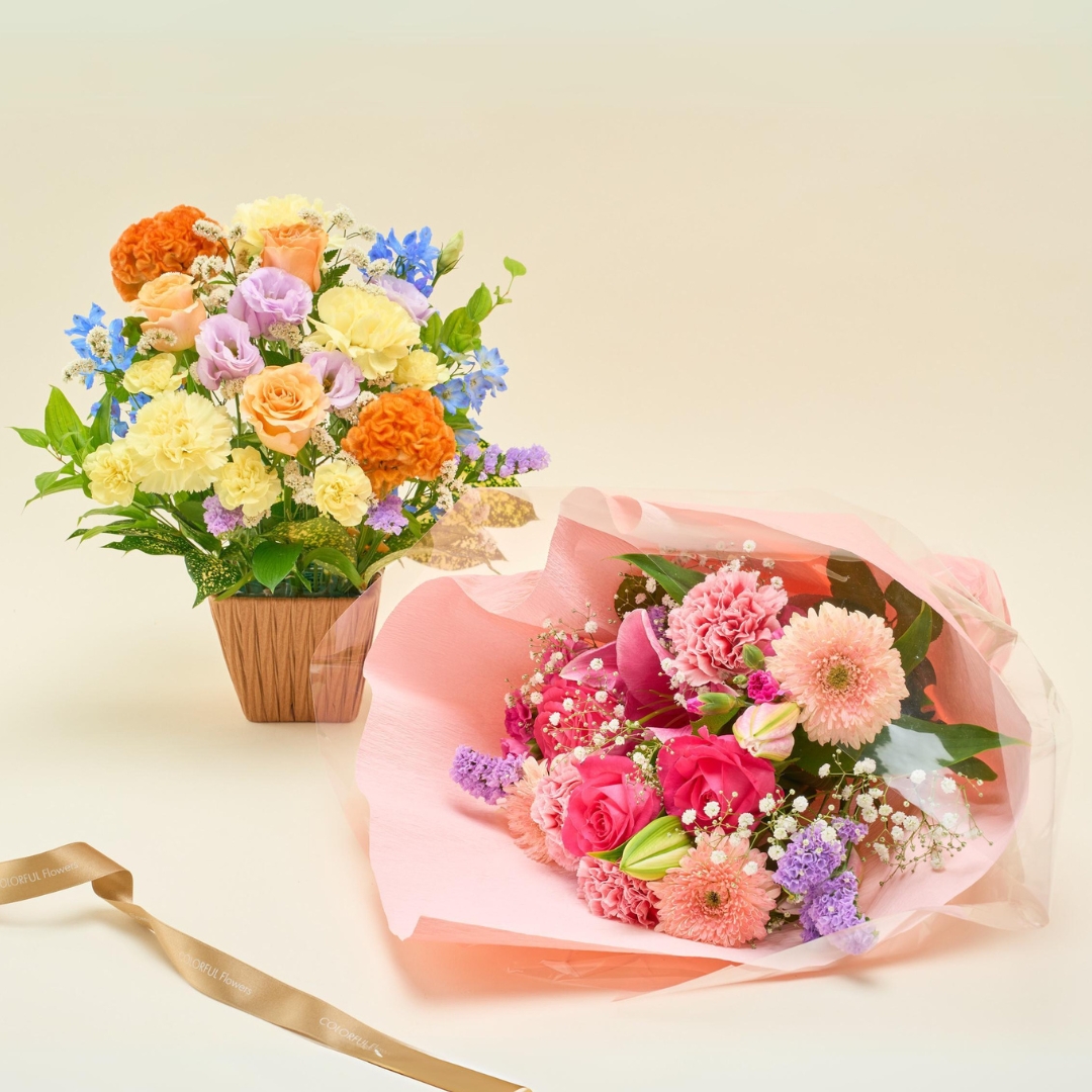 フラワーアレンジメント 花台座付き（ピンク系）花束:ブーケ アート