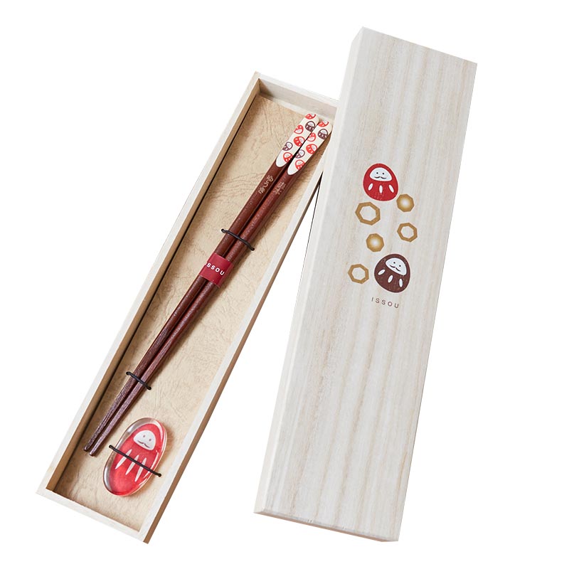 箸 箸置き 名入れ 吉兆桐箱 一人用 木箱 黒猫と椿 夢だるま 名前入り