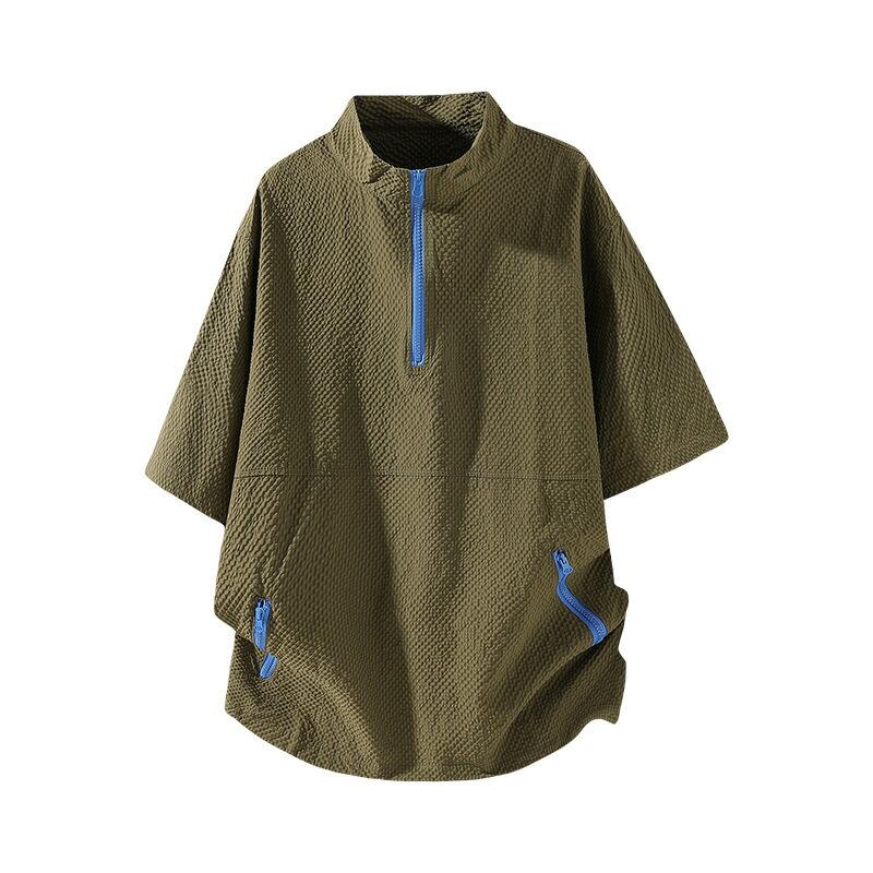 シアサッカー ハーフジップ Tシャツ メンズ ハイネック 半袖