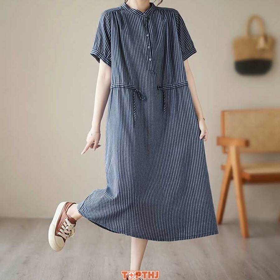 シャツワンピース ロングワンピース レディース ストライプ 半袖 ノー