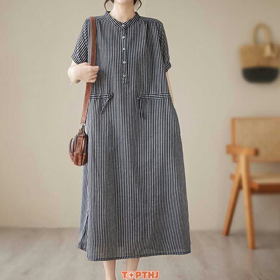 シャツワンピース ロングワンピース レディース ストライプ 半袖 ノー