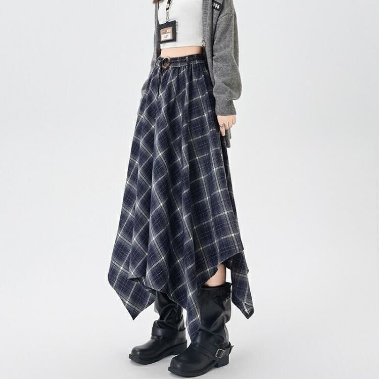 アシンメトリー フレアスカート ロング丈 チェック柄 不規則