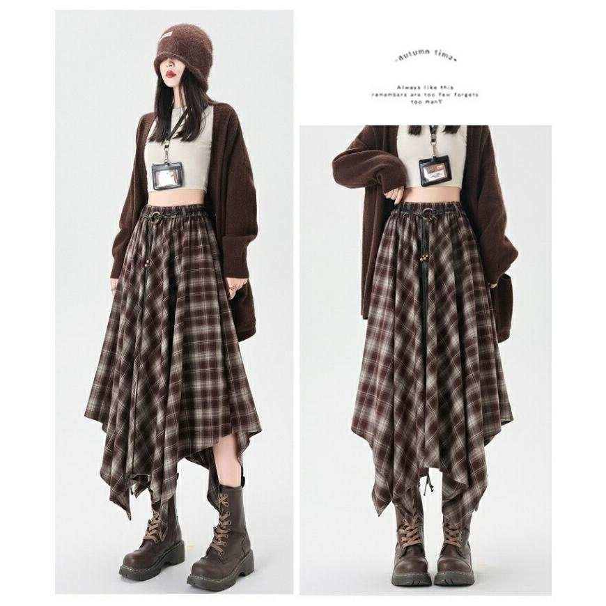 アシンメトリー フレアスカート ロング丈 チェック柄 不規則