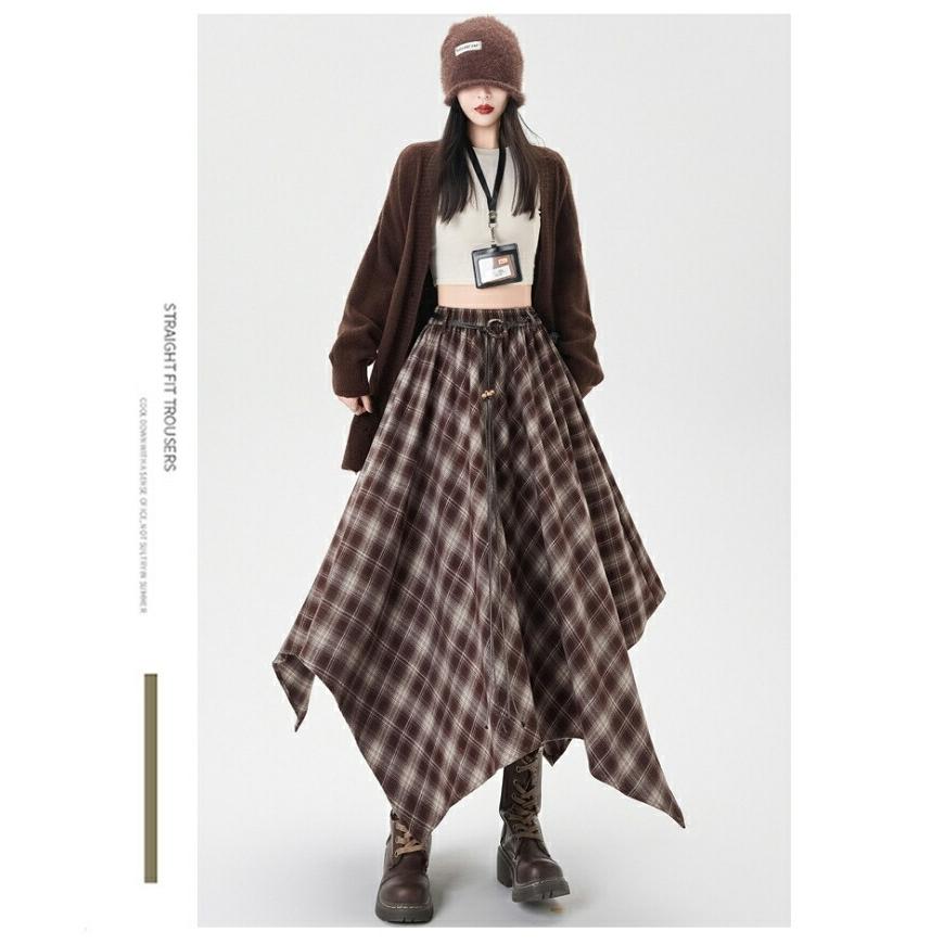 アシンメトリー フレアスカート ロング丈 チェック柄 不規則 アシンメトリー フレアスカート ロング丈 チェック柄 不規則