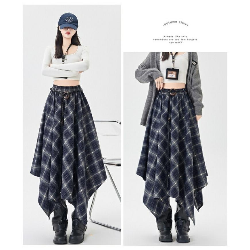 アシンメトリー フレアスカート ロング丈 チェック柄 不規則