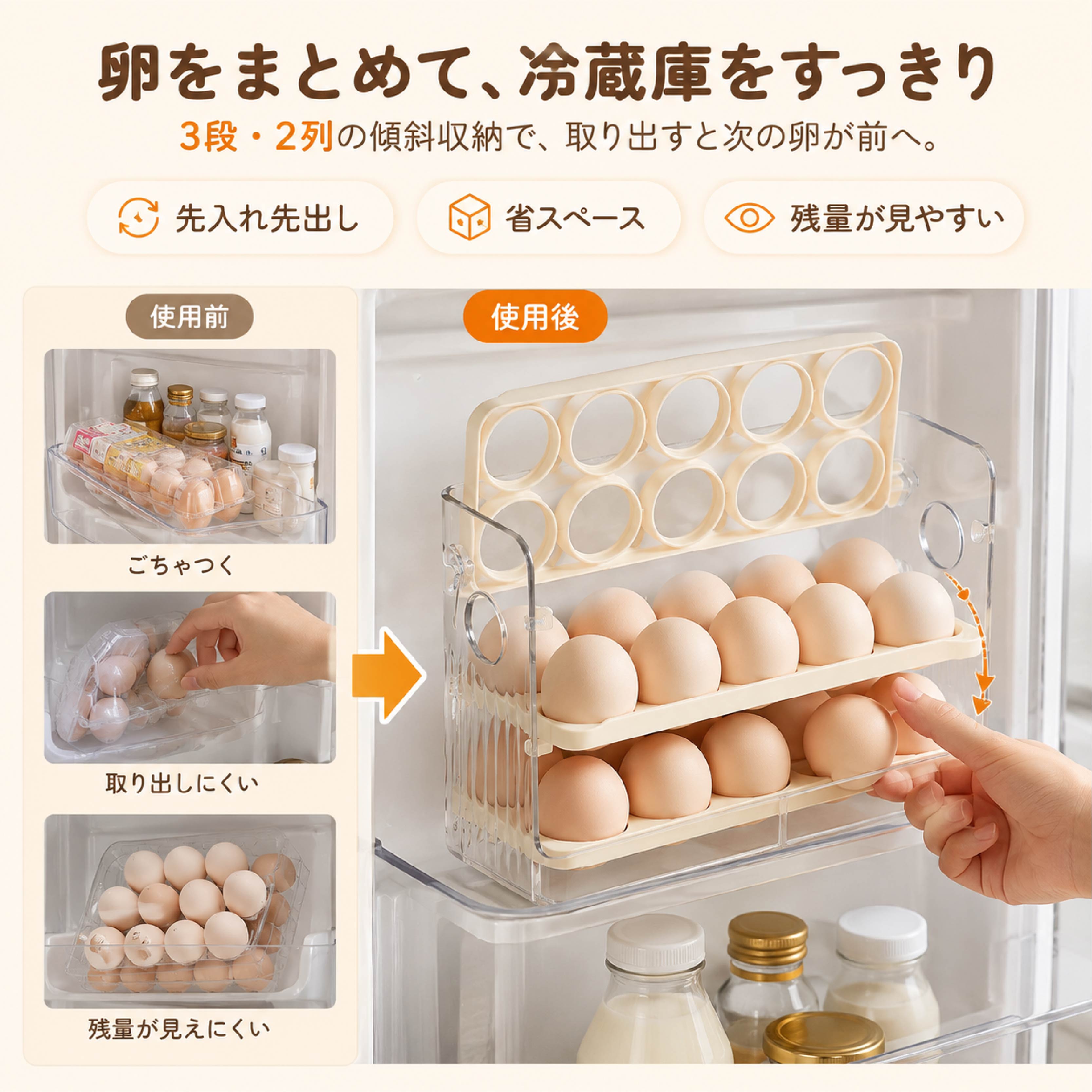 卵ケース 冷蔵庫 3段式 エッグホルダー 1/2個セット 約60個収納 日付