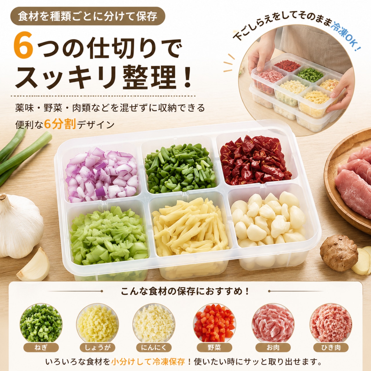 3個セット】冷凍保存容器 6分割 仕切り付き 作り置き 下味冷凍 薬味
