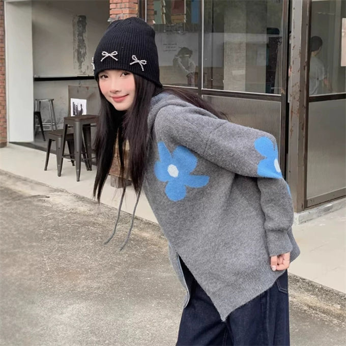 ニットカーディガン レディース 花柄プリント フード付き ダブルジップ