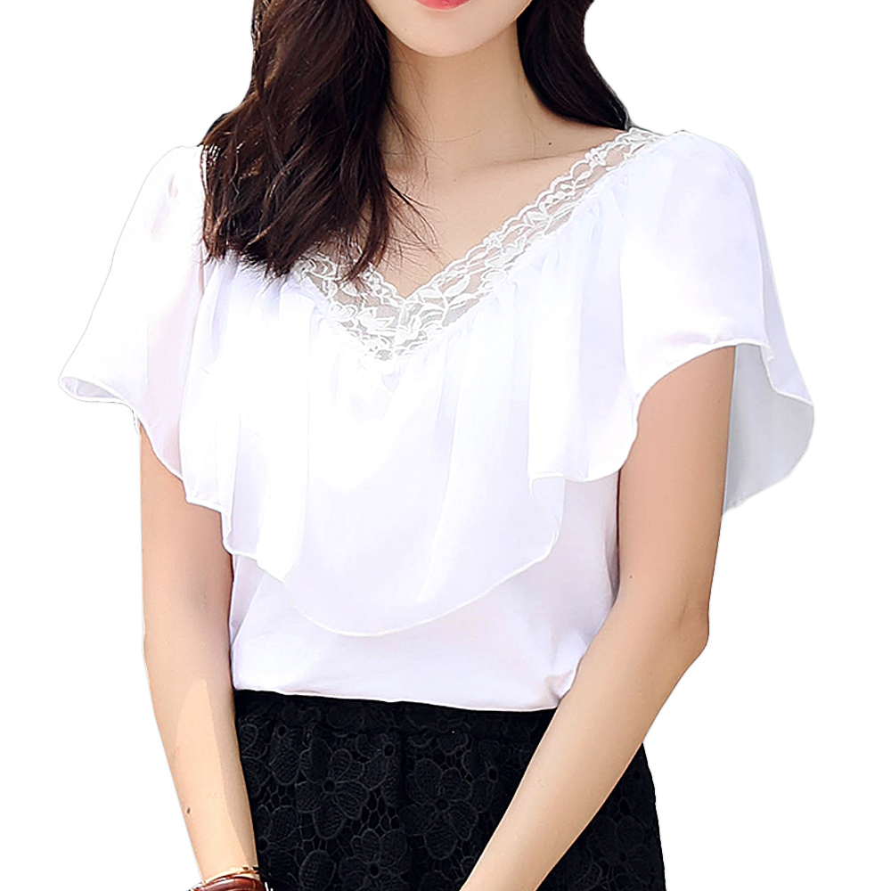 レディース フリルトップス 半袖 レース Vネック ブラウス チュニック Tシャツ カットソー シフォン レース セクシー 大人 春 夏 ch1246 |  | 02