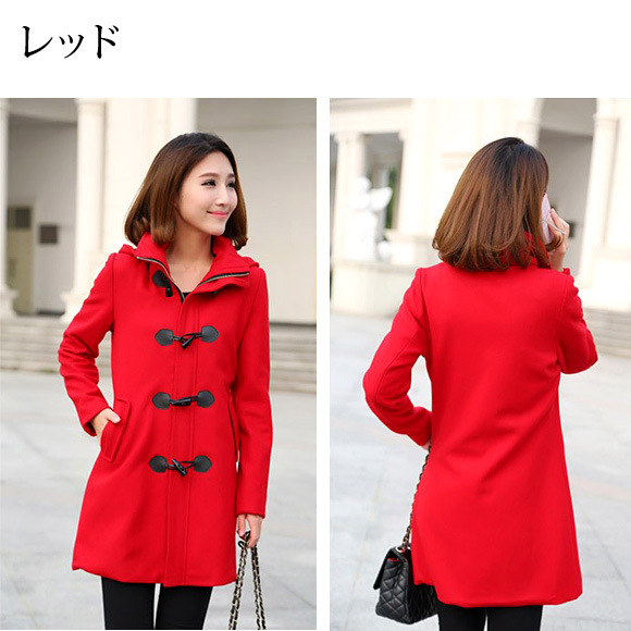 レディース ダッフル コート ミディアム丈 ウール フード付き 千鳥柄 羽織 防寒 着痩せ 秋冬 ch1600 |  | 03