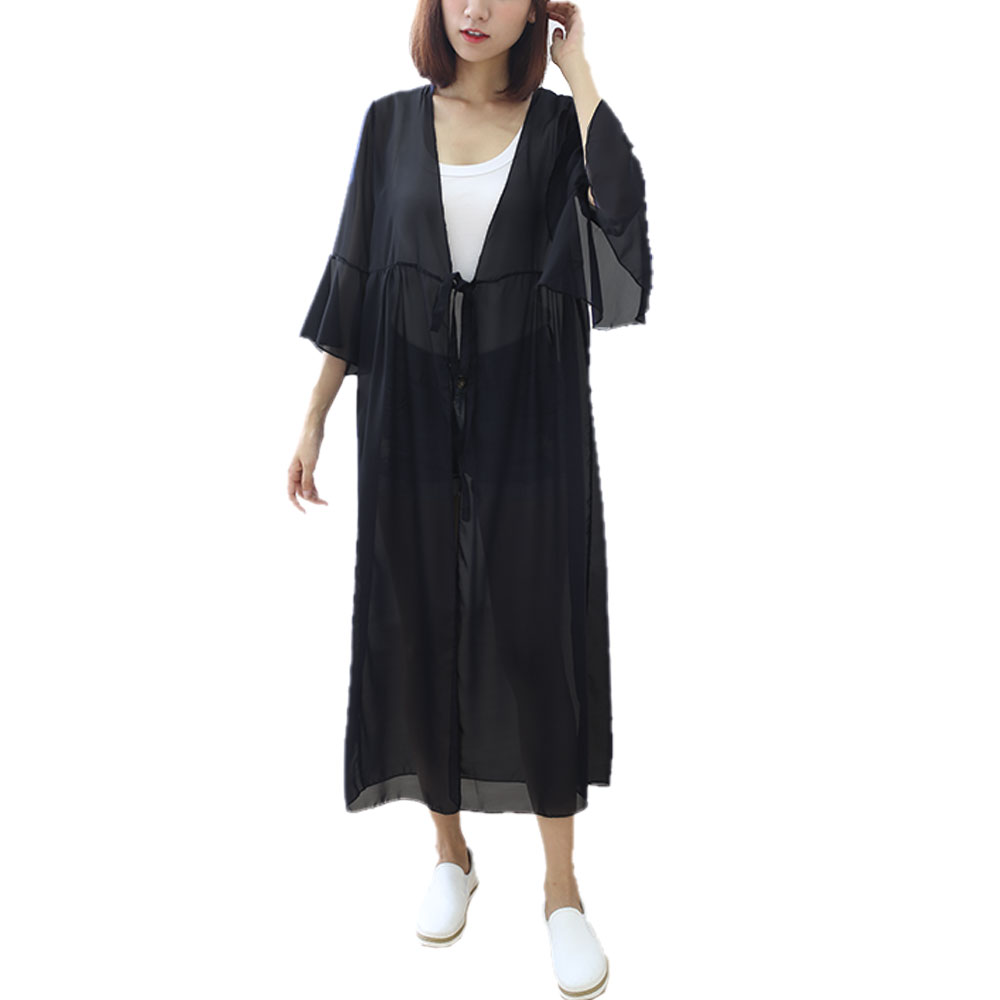 レディース カーディガン シフォン フレア袖 レース UV ガウン ロング 薄手 無地 イベント春夏 紫外線 エアコン対策 前結びch1860 |  | 02