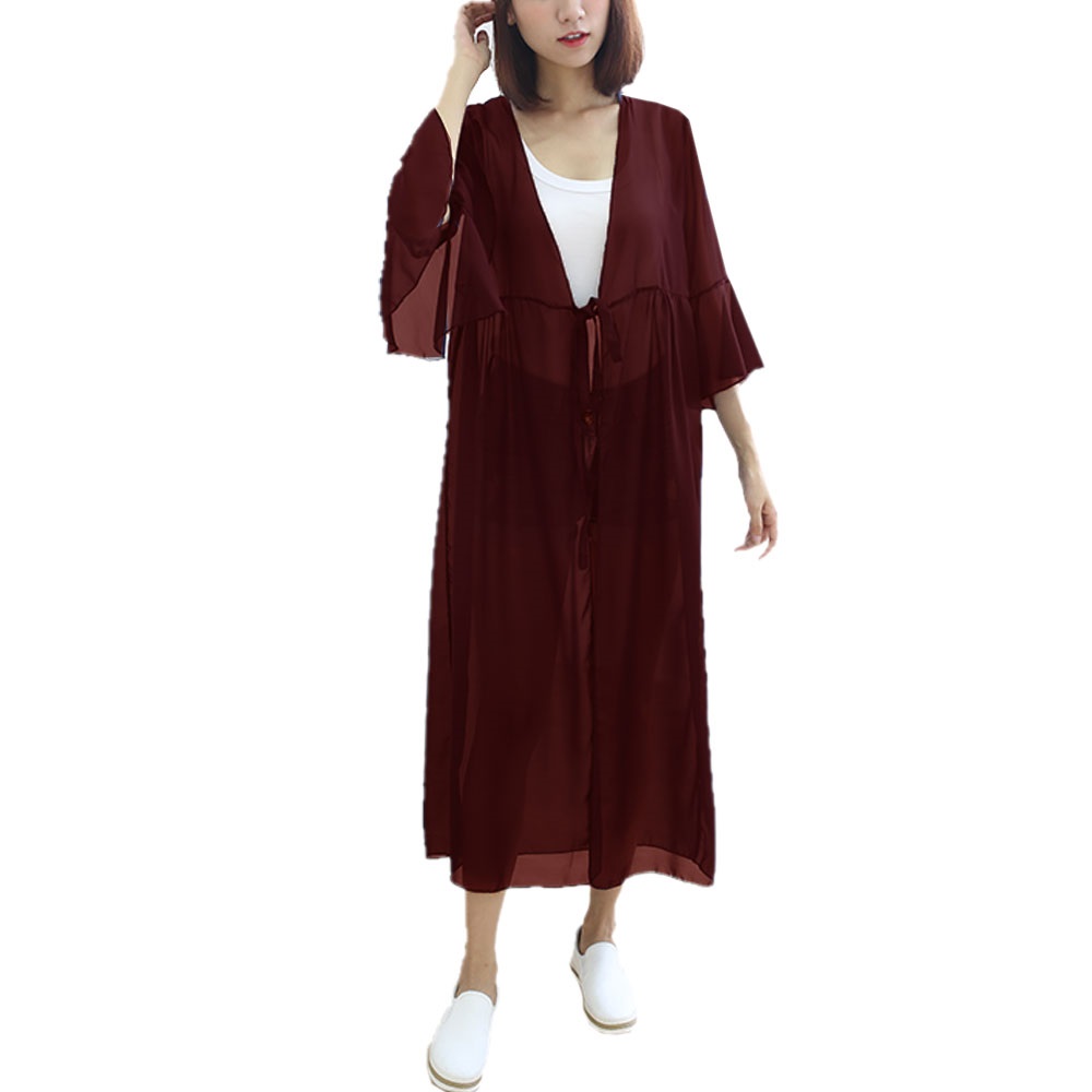 レディース カーディガン シフォン フレア袖 レース UV ガウン ロング 薄手 無地 イベント春夏 紫外線 エアコン対策 前結びch1860 |  | 06