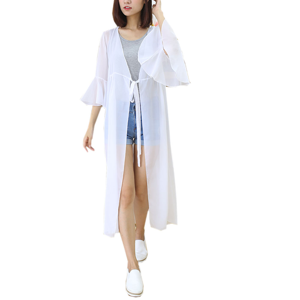 レディース カーディガン シフォン フレア袖 レース UV ガウン ロング 薄手 無地 イベント春夏 紫外線 エアコン対策 前結びch1860 |  | 01