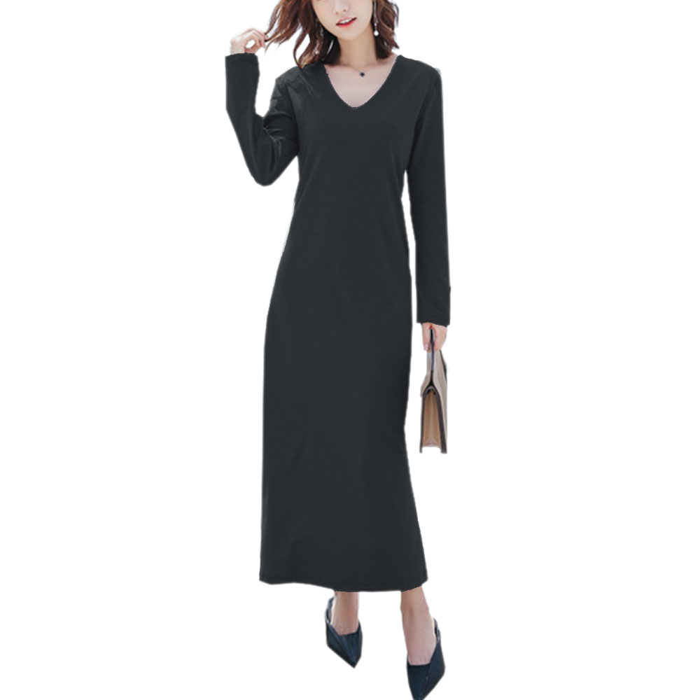 レディース ワンピース ロング Vネック 無地 Aライン 長袖 コットンマキシ丈 カットソー シンプル 着痩せ SEXY 大人 上品 春夏  ch1889 |  | 01