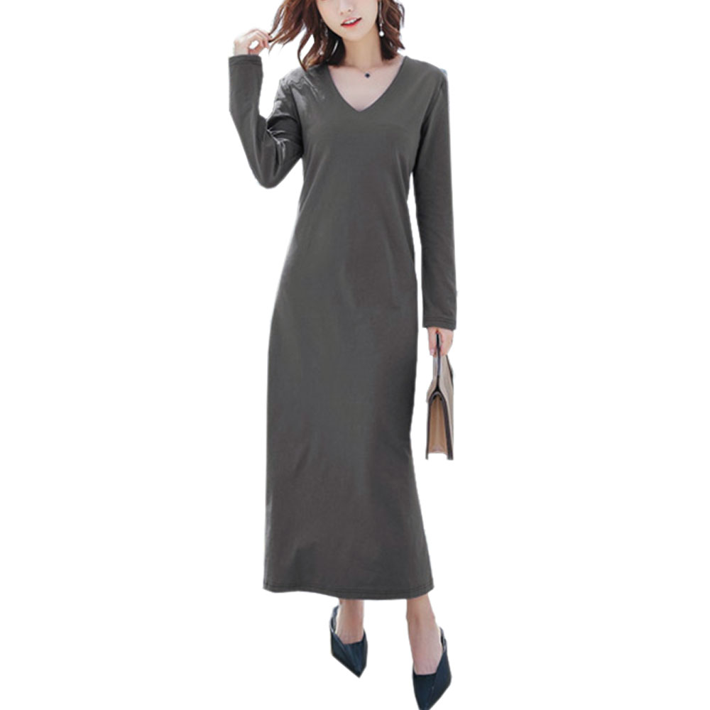 レディース ワンピース ロング Vネック 無地 Aライン 長袖 コットンマキシ丈 カットソー シンプル 着痩せ SEXY 大人 上品 春夏  ch1889 |  | 04