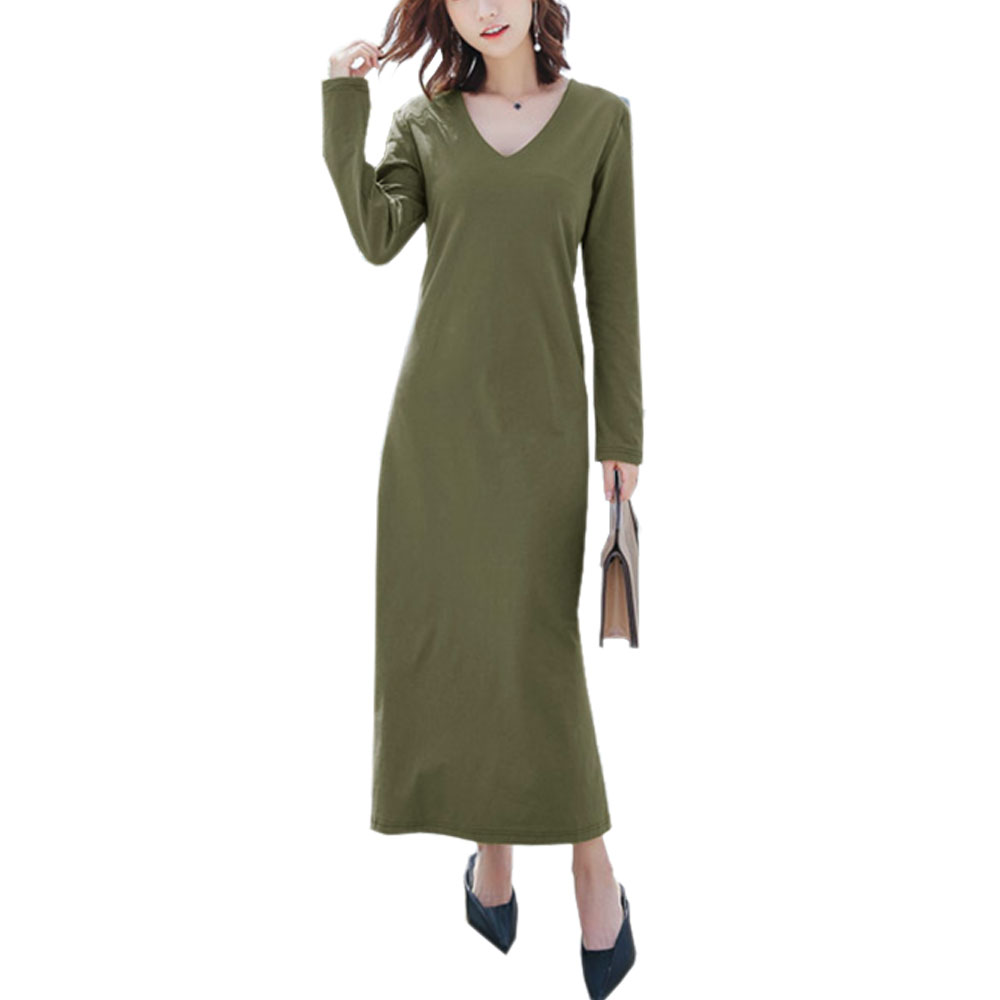 レディース ワンピース ロング Vネック 無地 Aライン 長袖 コットンマキシ丈 カットソー シンプル 着痩せ SEXY 大人 上品 春夏  ch1889 |  | 03