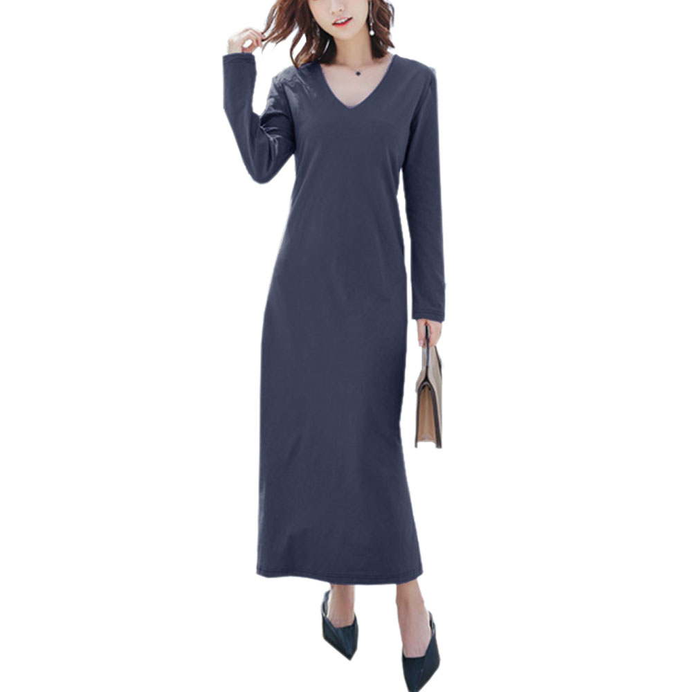 レディース ワンピース ロング Vネック 無地 Aライン 長袖 コットンマキシ丈 カットソー シンプル 着痩せ SEXY 大人 上品 春夏  ch1889 |  | 02