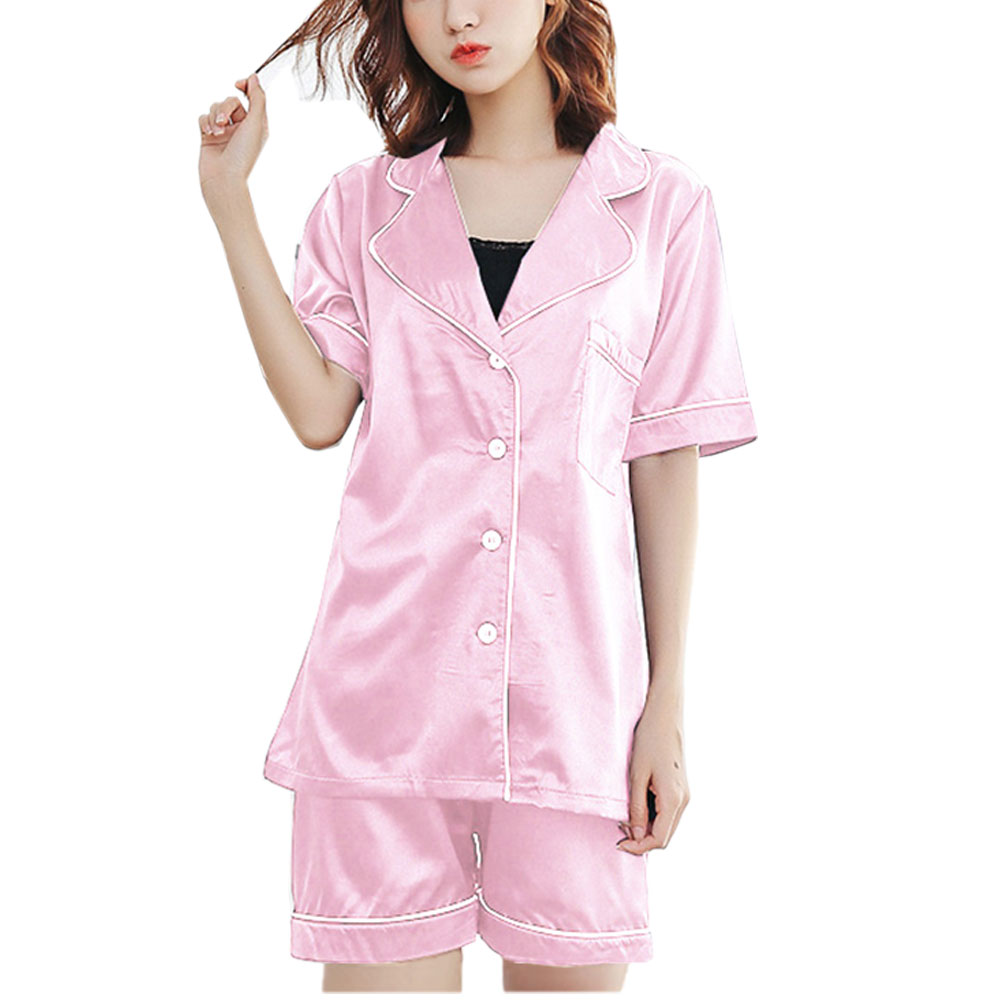 レディース パジャマ 半袖 2点セット ルームウエア インナー 部屋着 無地 サテン ナイトウェア 春夏 かわいい   ch1891 |  | 02