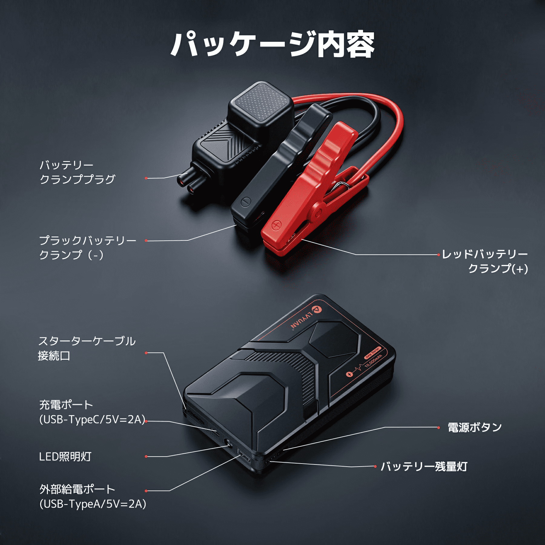 LVYUAN 12V車用ジャンプスターター 8000/10000mAhバッテリー ピーク