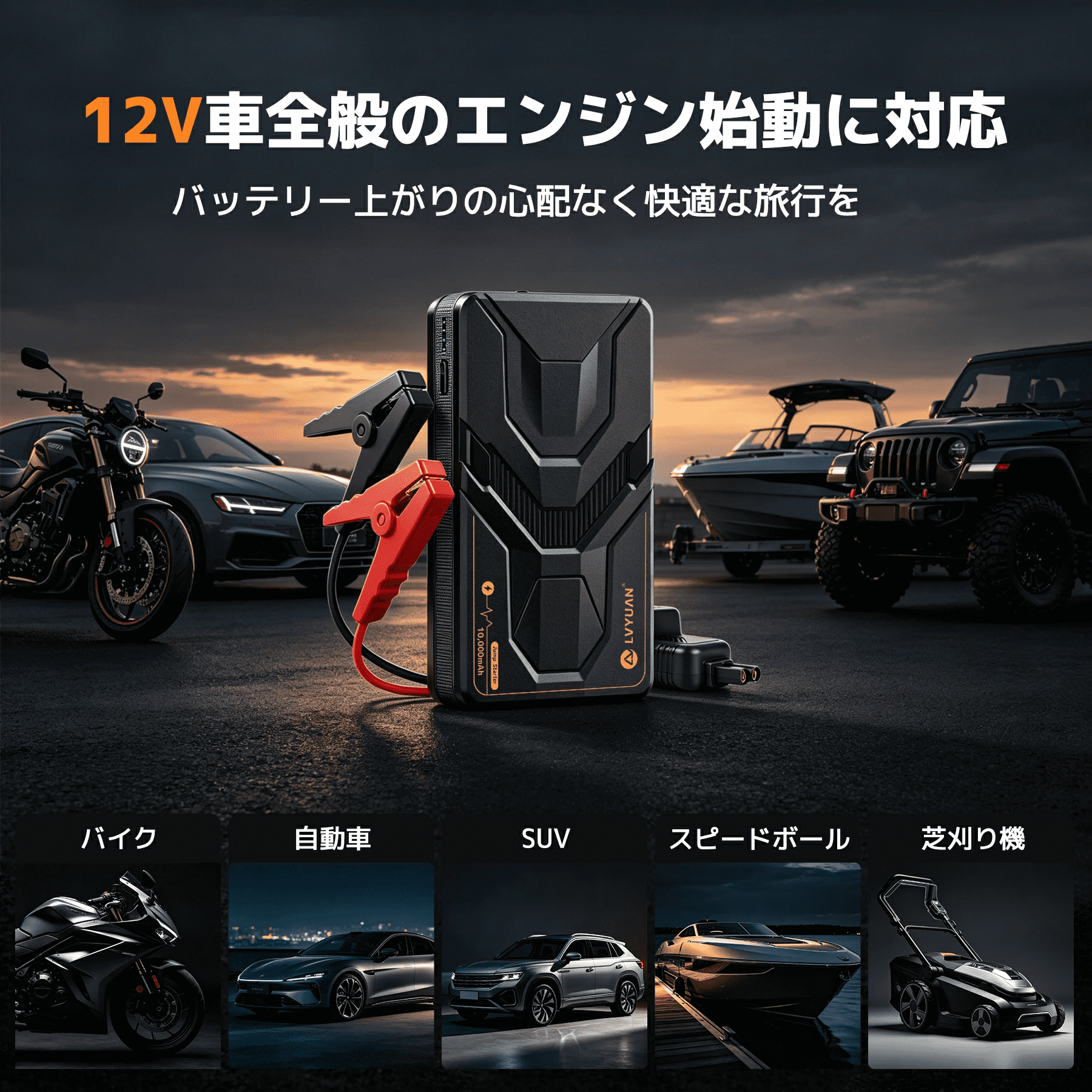 LVYUAN 12V車用ジャンプスターター 8000/10000mAhバッテリー ピーク