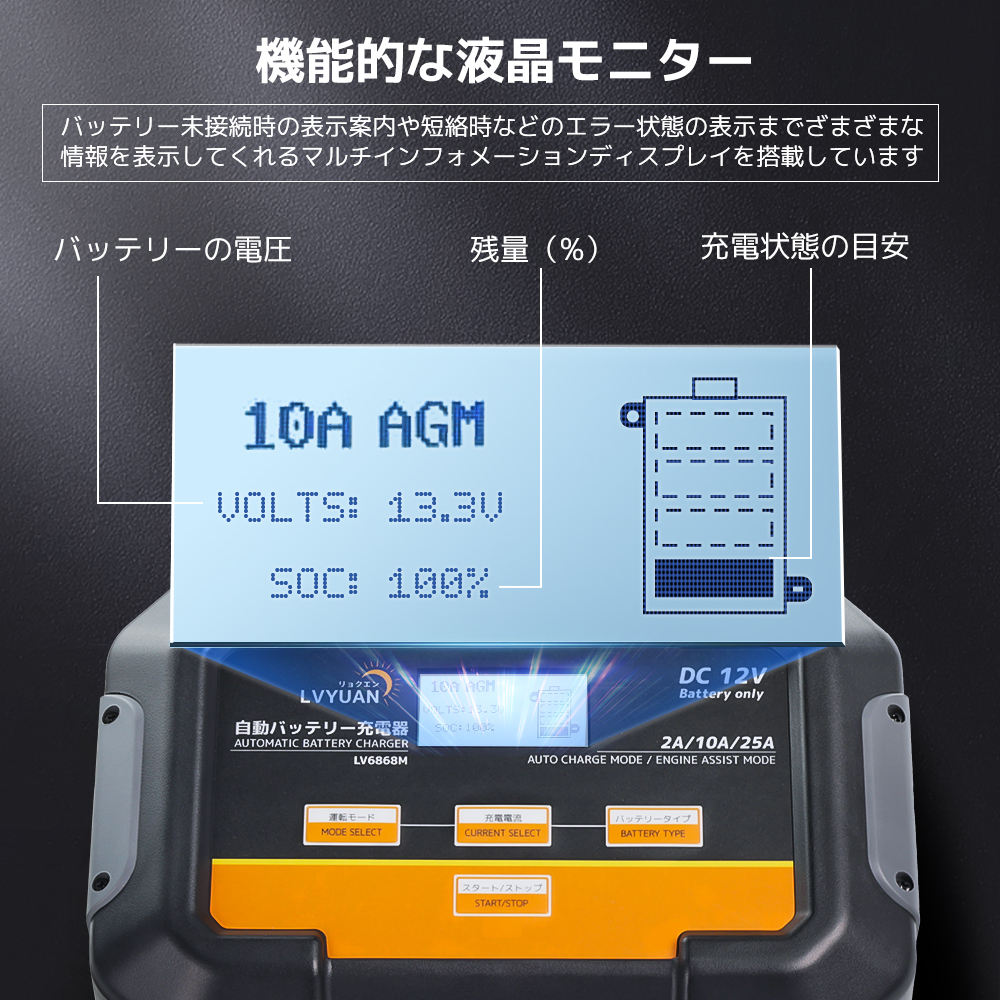 LVYUAN バッテリー充電器 25A 12Vバッテリー専用 パルス充電全
