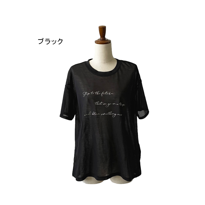 Tシャツ カットソー トップス 半袖 シアー シースルー 透け感 涼感 プリント ロゴ シンプル カ...