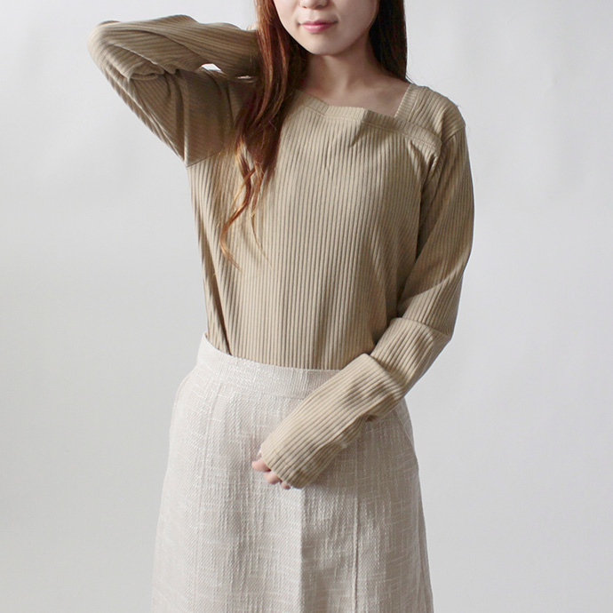 カットソー Tシャツ トップス リブカットソー 長袖 テレコ アシメショルダー アシメネック レディース 送料無料 |  | 01