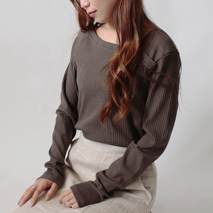 カットソー Tシャツ トップス リブカットソー 長袖 テレコ アシメショルダー アシメネック レディース 送料無料 |  | 03