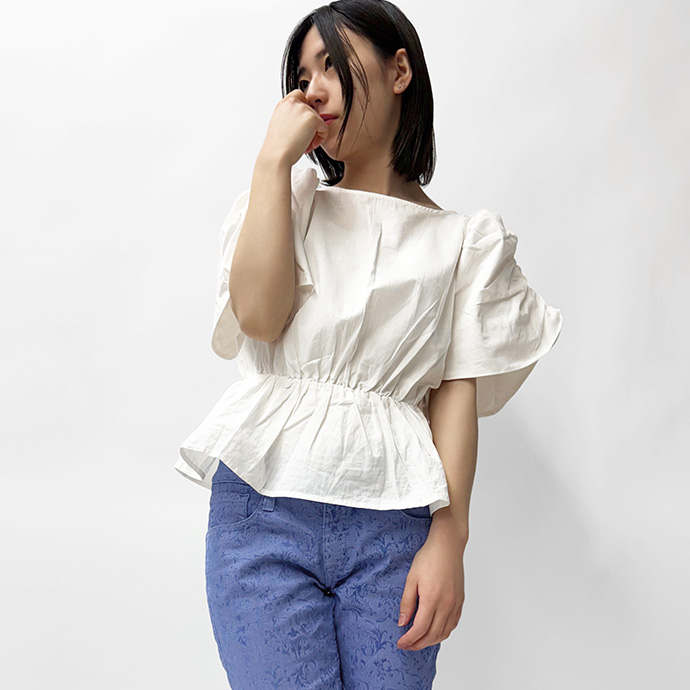 ブラウス カットソー トップス ギャザースリーブ フレンチスリーブ ペプラム 綿100% コットン ボートネック 体型カバー レディース 送料無料 |  | 01