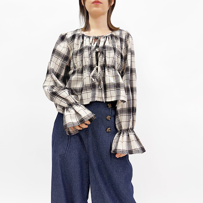 シャツ 長袖 ブラウス トップス プルオーバー カットソー チェック柄 ショート丈 前後2way リボン ボリューム袖 ペプラム レディース 送料無料 |  | 01