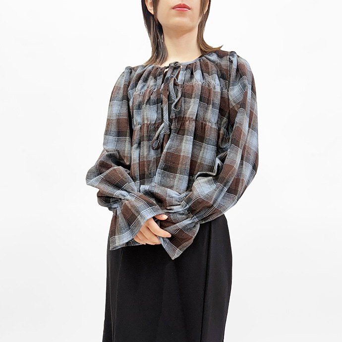 シャツ 長袖 ブラウス トップス プルオーバー カットソー チェック柄 ショート丈 前後2way リボン ボリューム袖 ペプラム レディース 送料無料 |  | 03