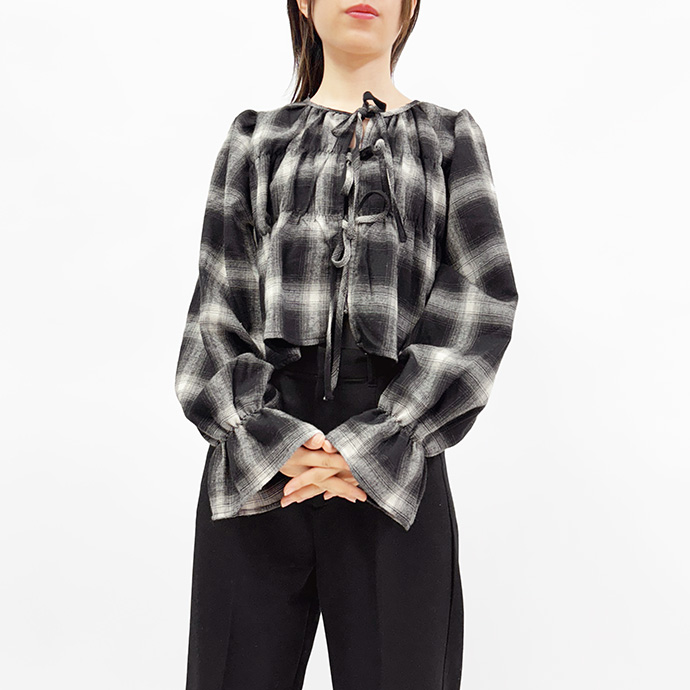 シャツ 長袖 ブラウス トップス プルオーバー カットソー チェック柄 ショート丈 前後2way リボン ボリューム袖 ペプラム レディース 送料無料 |  | 04