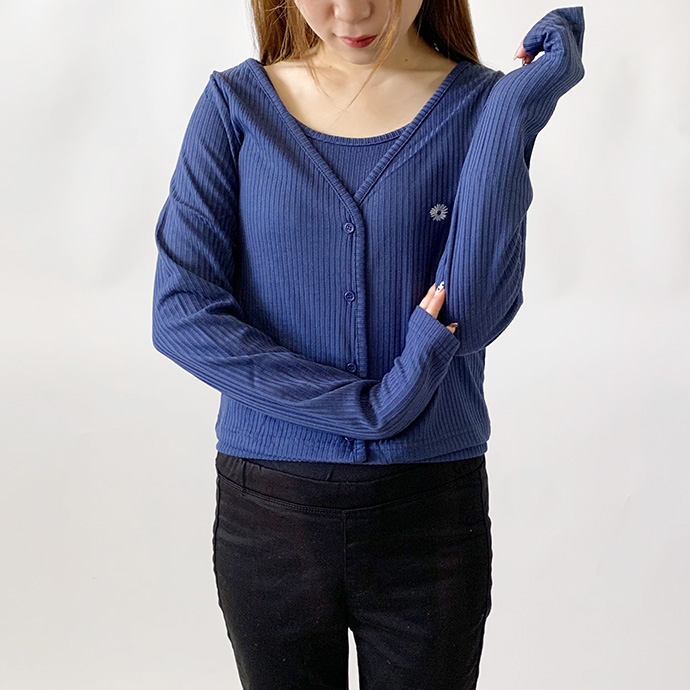 カーディガン キャミソール カットソー 羽織り 2点セット アンサンブル ショート丈 デイジー 刺繍 ワンポイント テレコ リブ レディース 送料無料 |  | 04