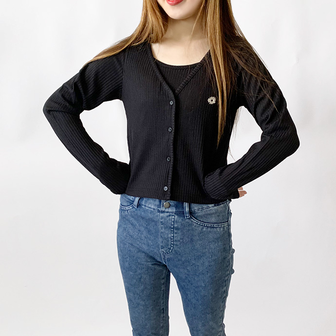 カーディガン キャミソール カットソー 羽織り 2点セット アンサンブル ショート丈 デイジー 刺繍 ワンポイント テレコ リブ レディース 送料無料 |  | 05