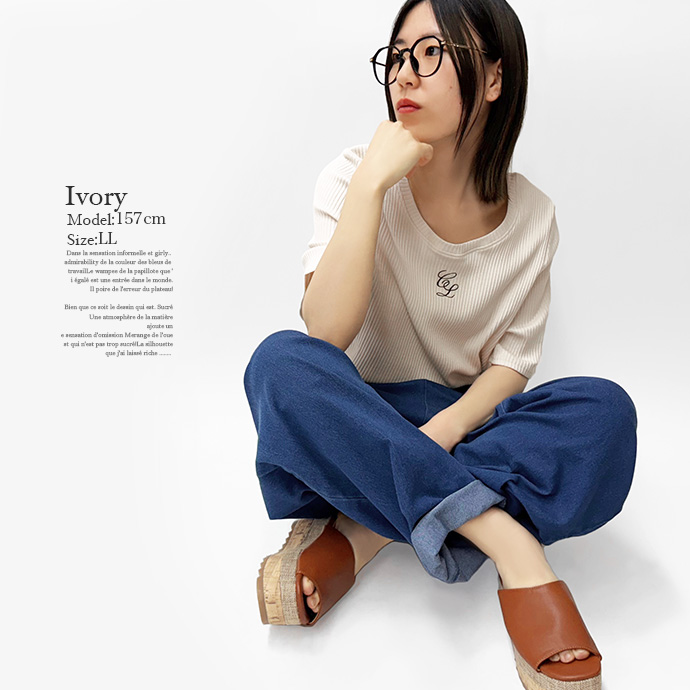 カットソー Tシャツ トップス 半袖 大きいサイズ ビッグサイズ ショート丈 クルーネック リブ 刺繍ロゴ 伸縮性 レディース 送料無料 |  | 09