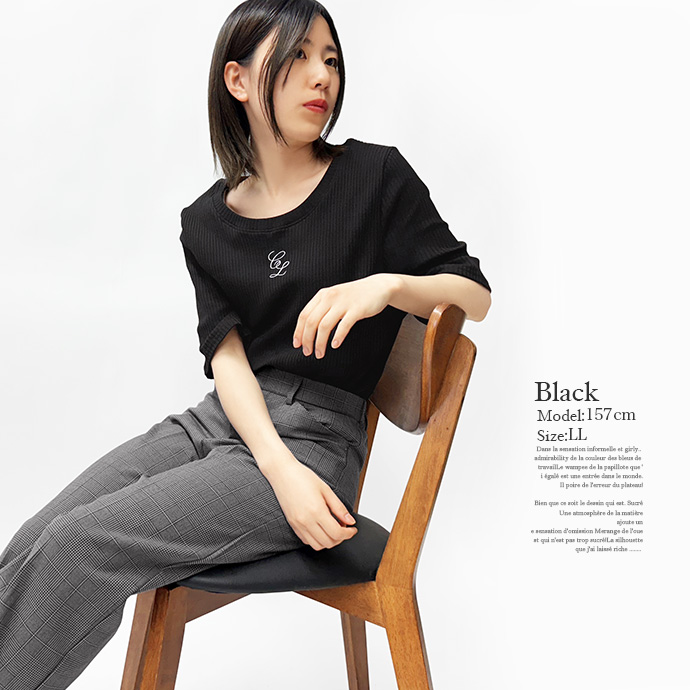 カットソー Tシャツ トップス 半袖 大きいサイズ ビッグサイズ ショート丈 クルーネック リブ 刺繍ロゴ 伸縮性 レディース 送料無料 |  | 10
