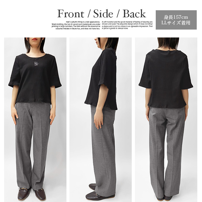 カットソー Tシャツ トップス 半袖 大きいサイズ ビッグサイズ ショート丈 クルーネック リブ 刺繍ロゴ 伸縮性 レディース 送料無料 |  | 14