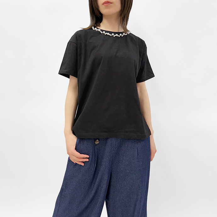 Tシャツ 半袖Tシャツ カットソー パール ネック クルーネック 丸首 トップス キレイめ オフィス カジュアル 送料無料 |  | 01