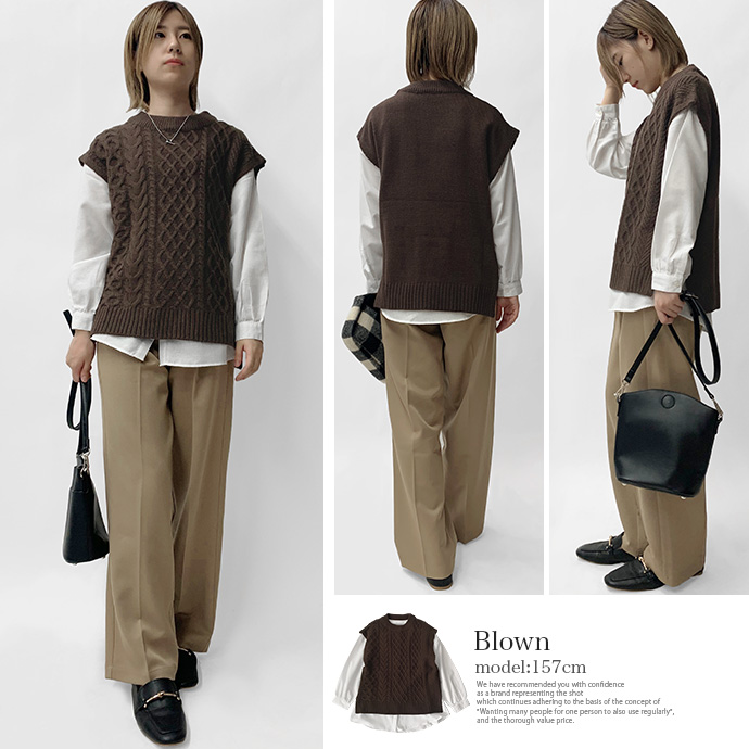 ベスト ニットベスト ケーブルニット シャツ ブラウス アンサンブル 2点セット 長袖シャツ スタンドカラー レイヤード ケーブル編み 送料無料 |  | 11