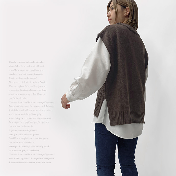 ベスト ニットベスト ケーブルニット シャツ ブラウス アンサンブル 2点セット 長袖シャツ スタンドカラー レイヤード ケーブル編み 送料無料 |  | 12