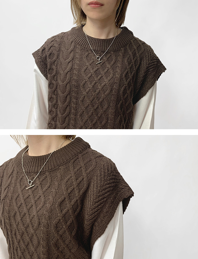 ベスト ニットベスト ケーブルニット シャツ ブラウス アンサンブル 2点セット 長袖シャツ スタンドカラー レイヤード ケーブル編み 送料無料 |  | 14