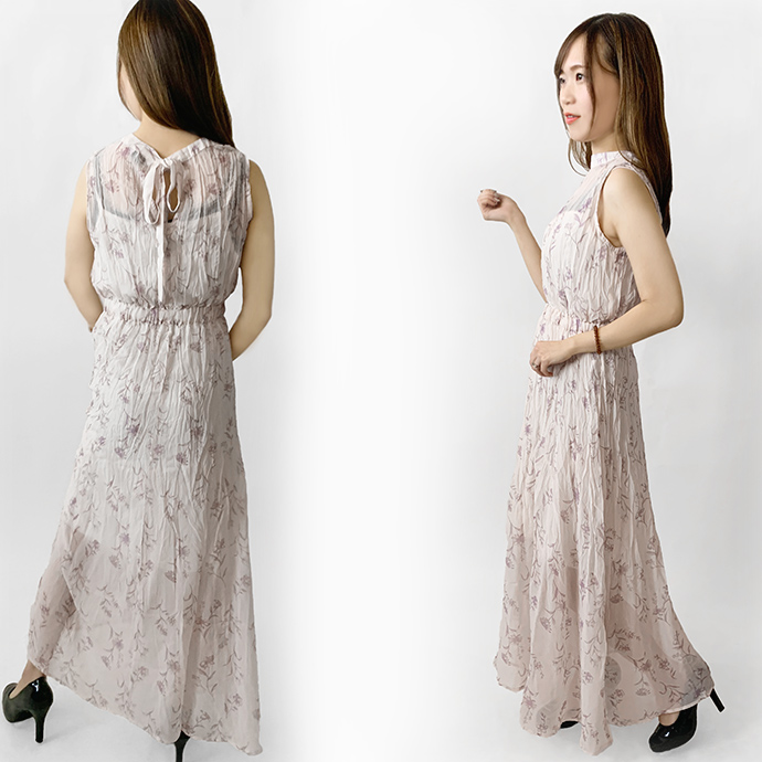 ワンピース ロングワンピース ノースリーブ インナー付き シフォン 花柄 ハイネック リボンベルト付き 襟後ろリボン ハイウエスト 送料無料 |  | 09