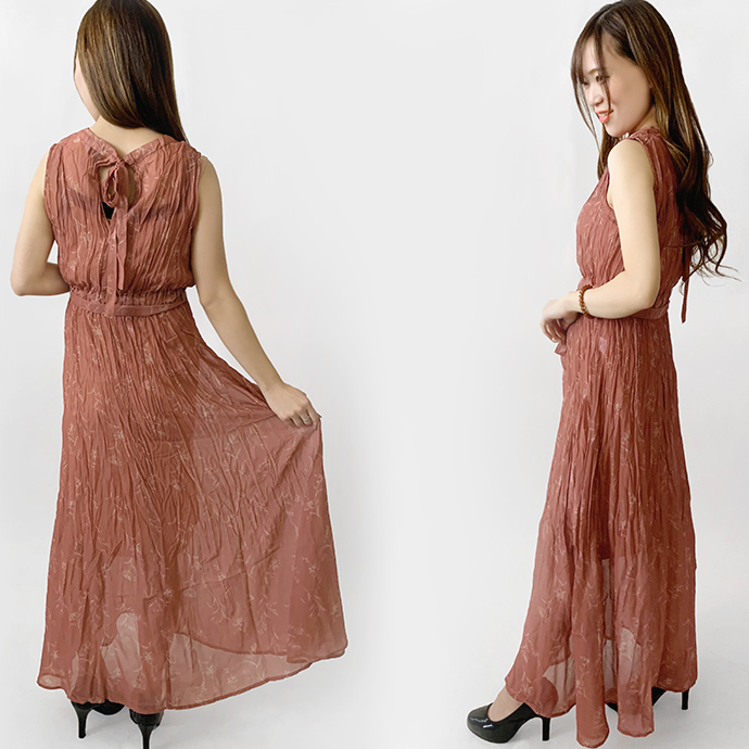 ワンピース ロングワンピース ノースリーブ インナー付き シフォン 花柄 ハイネック リボンベルト付き 襟後ろリボン ハイウエスト 送料無料 |  | 11